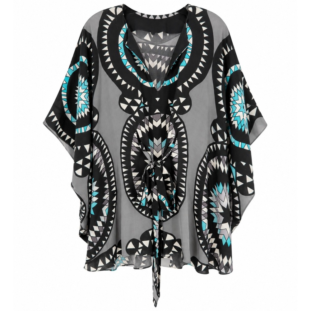 Mara Hoffman Geometric Print Caftan Tunic Black Grey Turquoise Tie Front Belt 6